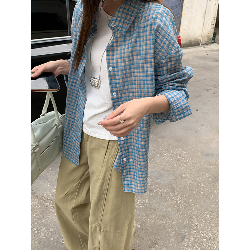 【F032269】實拍S~XL早春簡約清新藍格子襯衫250311