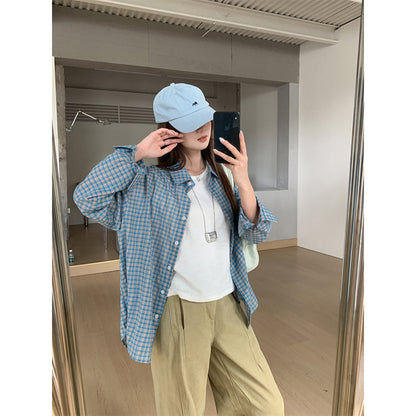 【F032269】實拍S~XL早春簡約清新藍格子襯衫250311