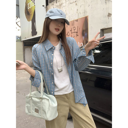 【F032269】實拍S~XL早春簡約清新藍格子襯衫250311