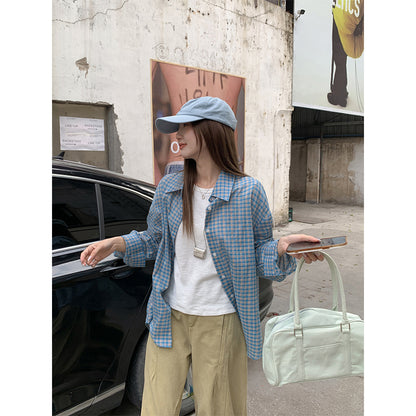 【F032269】實拍S~XL早春簡約清新藍格子襯衫250311