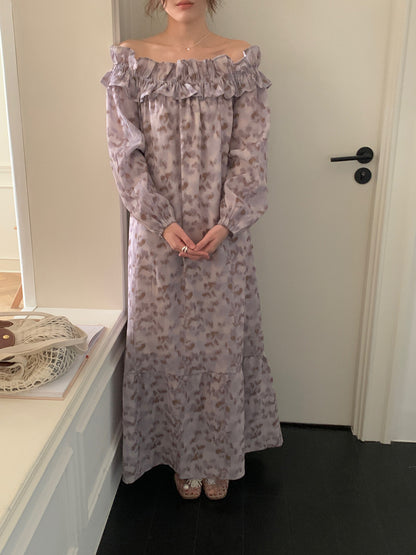 【F60658】夏日入秋度假・一字領荷葉拼接碎花長洋裝260825