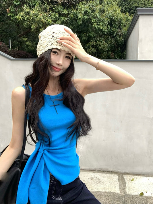 【F60435】實拍夏季時髦辣妹舒適不規則收腰綁帶背心250609
