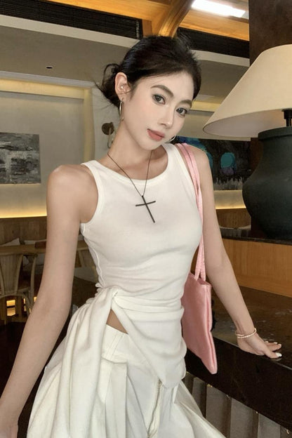 【F60435】實拍夏季時髦辣妹舒適不規則收腰綁帶背心250609