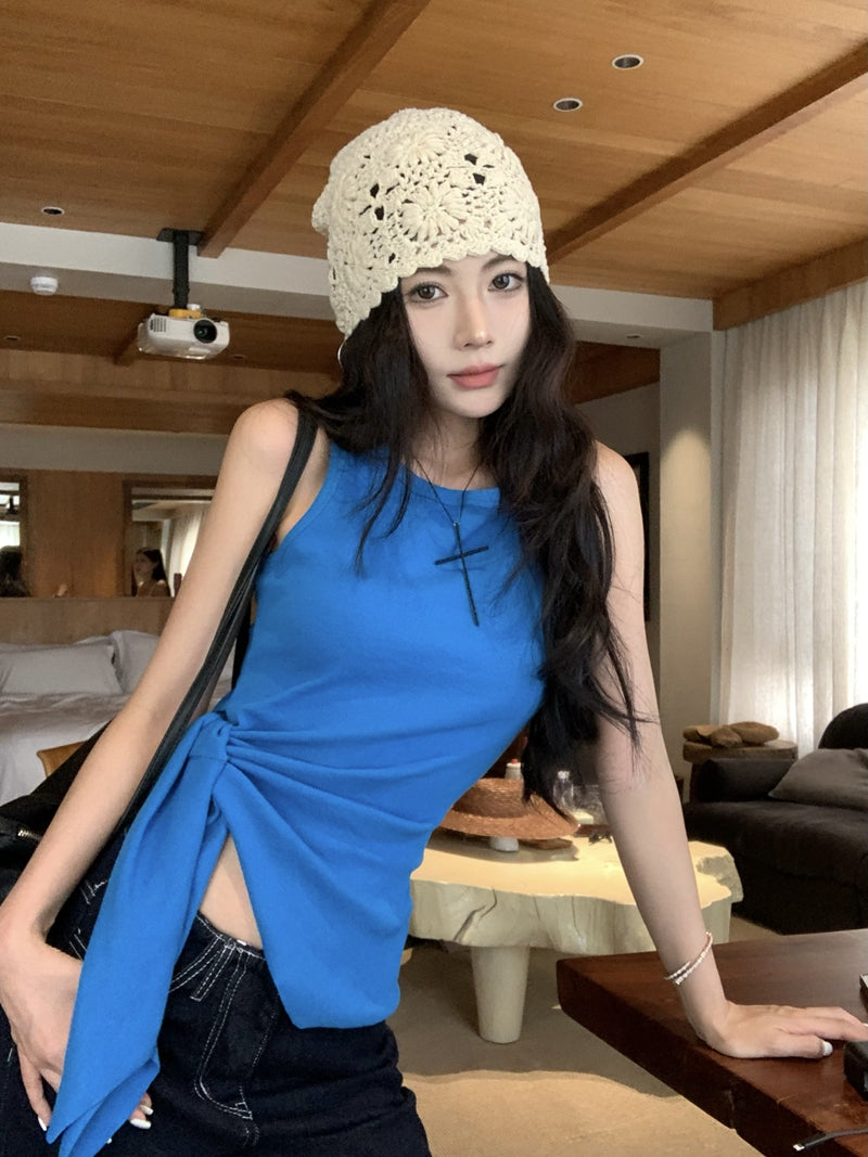 【F60435】實拍夏季時髦辣妹舒適不規則收腰綁帶背心250609
