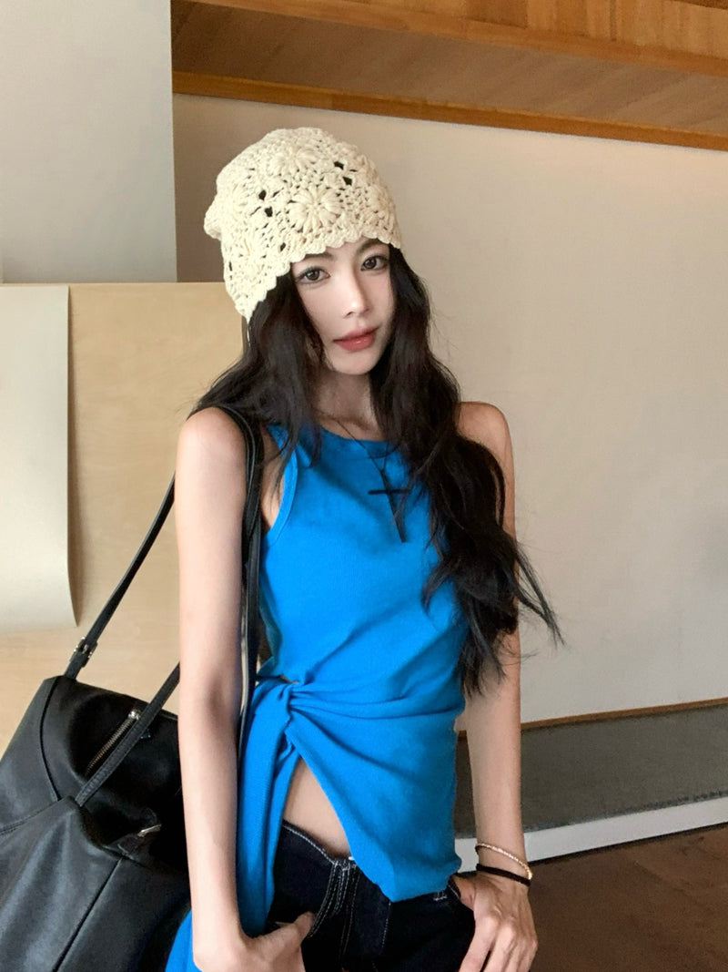 【F60435】實拍夏季時髦辣妹舒適不規則收腰綁帶背心250609