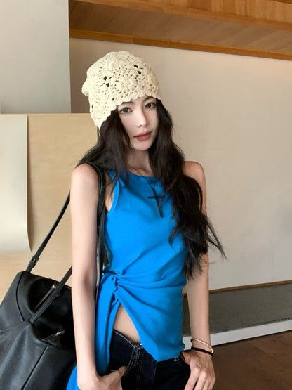 【F60435】實拍夏季時髦辣妹舒適不規則收腰綁帶背心250609
