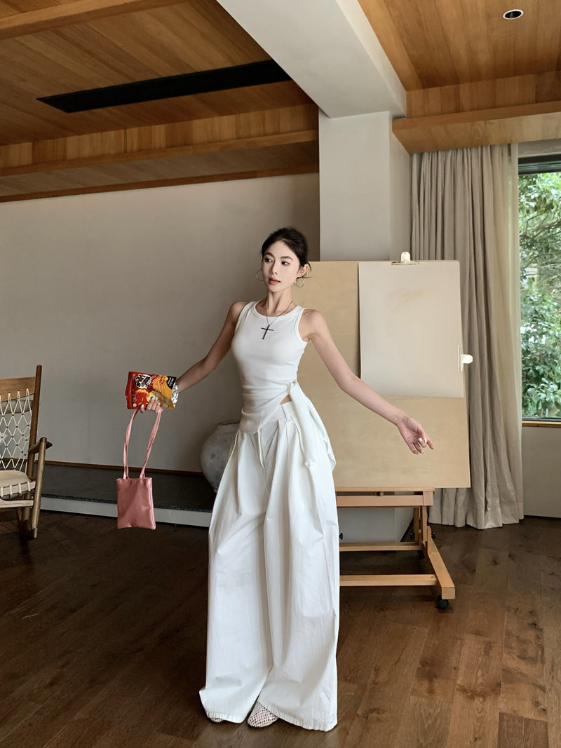 【F60435】實拍夏季時髦辣妹舒適不規則收腰綁帶背心250609