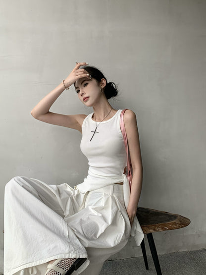 【F60435】實拍夏季時髦辣妹舒適不規則收腰綁帶背心250609