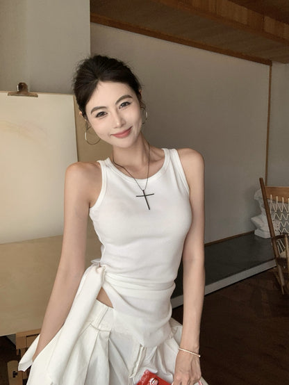【F60435】實拍夏季時髦辣妹舒適不規則收腰綁帶背心250609