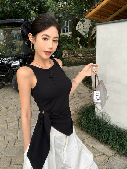 【F60435】實拍夏季時髦辣妹舒適不規則收腰綁帶背心250609