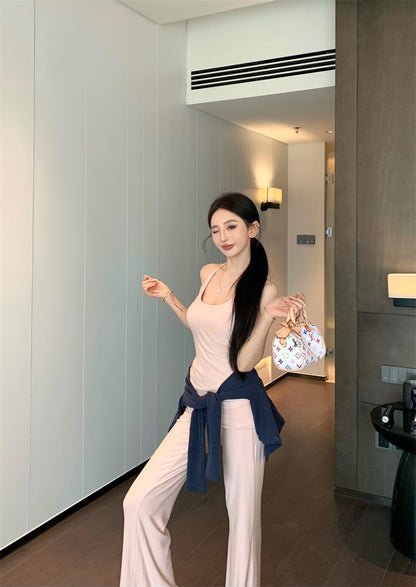 【F60327】實拍美式舒適微喇叭超顯瘦長褲＋含胸墊背心 套裝250408