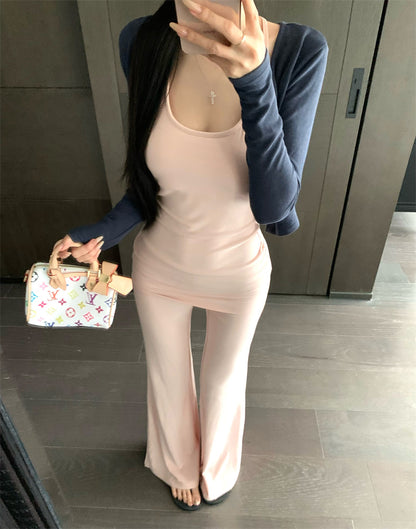 【F60327】實拍美式舒適微喇叭超顯瘦長褲＋含胸墊背心 套裝250408