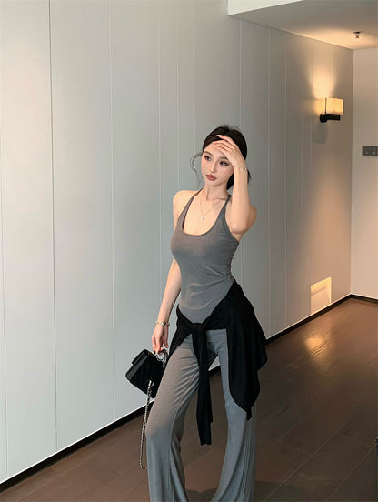 【F60327】實拍美式舒適微喇叭超顯瘦長褲＋含胸墊背心 套裝250408
