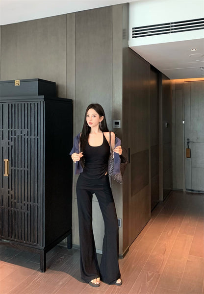 【F60327】實拍美式舒適微喇叭超顯瘦長褲＋含胸墊背心 套裝250408