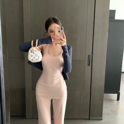 【F60327】實拍美式舒適微喇叭超顯瘦長褲＋含胸墊背心 套裝250408