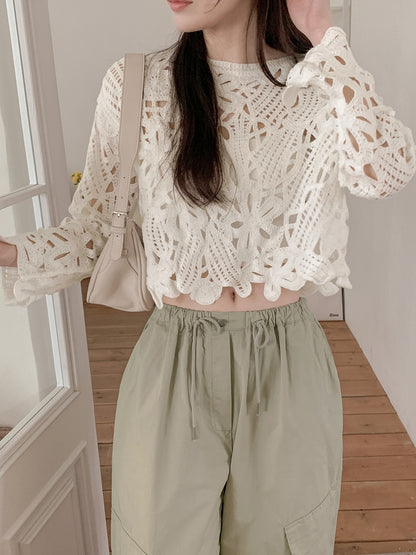 【F60596】法式仙氣透膚感🕊️精緻蕾絲鏤空疊穿防曬針織上衣260504