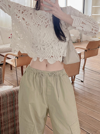 【F60596】法式仙氣透膚感🕊️精緻蕾絲鏤空疊穿防曬針織上衣260504