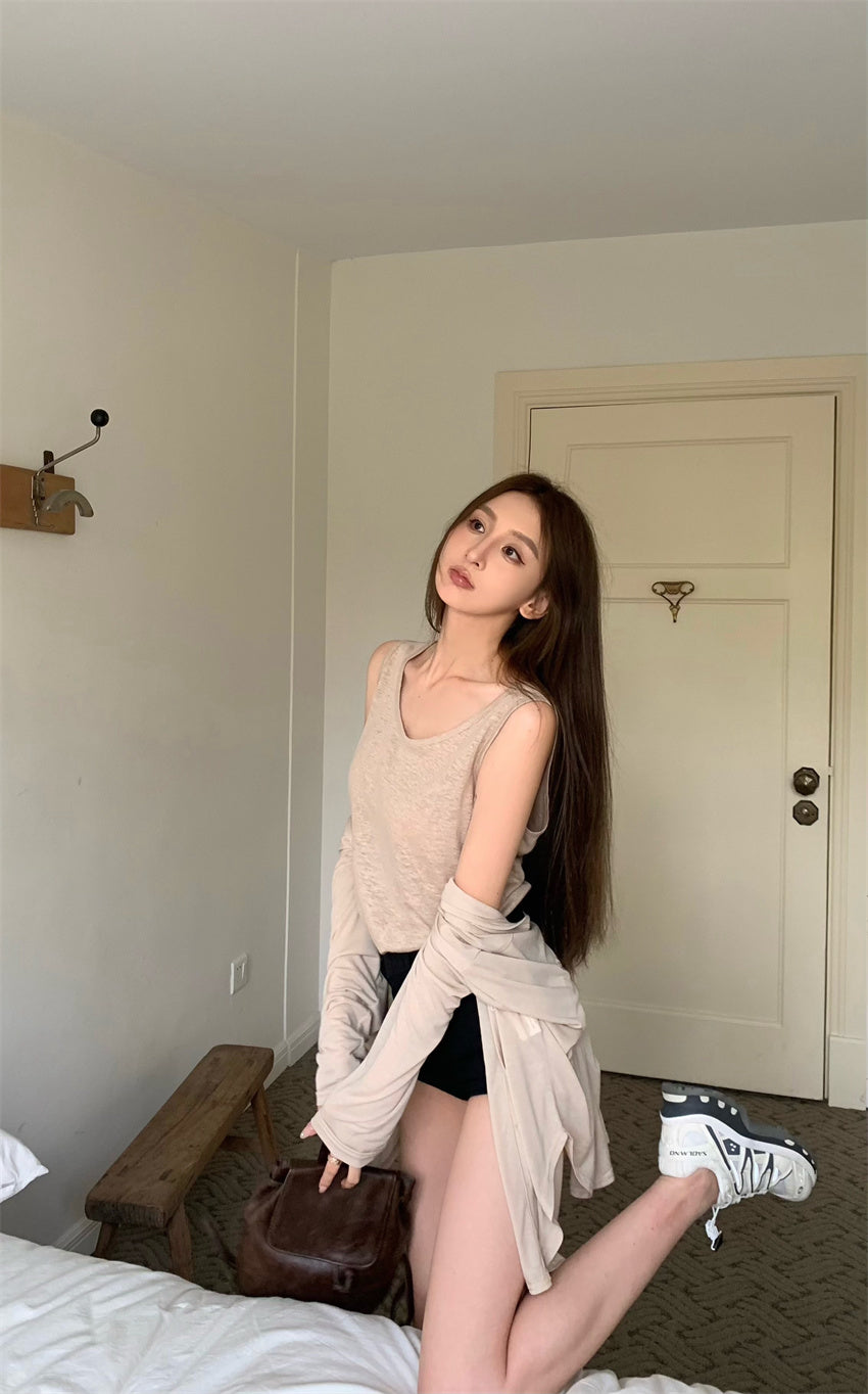 【F60326】實拍美式休閒寬鬆開衫+背心(分開下單）250408