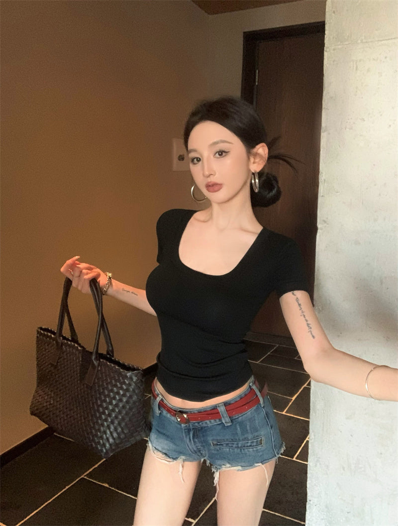 【F60335】實拍美式簡約修身顯瘦T恤(含胸墊)250408