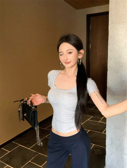 【F60335】實拍美式簡約修身顯瘦T恤(含胸墊)250408