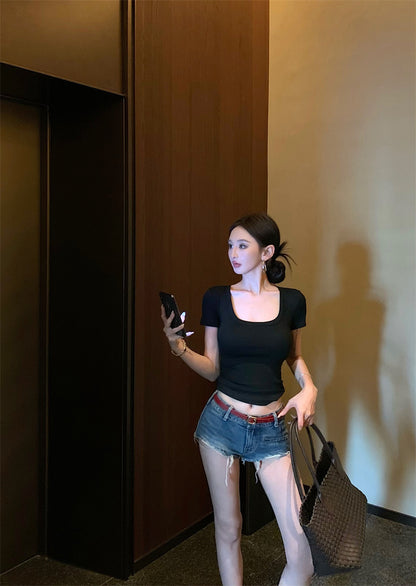 【F60335】實拍美式簡約修身顯瘦T恤(含胸墊)250408