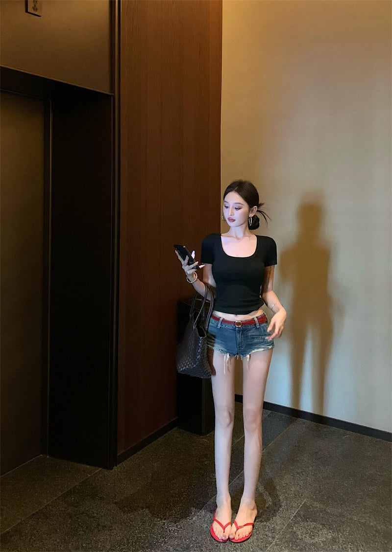 【F60335】實拍美式簡約修身顯瘦T恤(含胸墊)250408