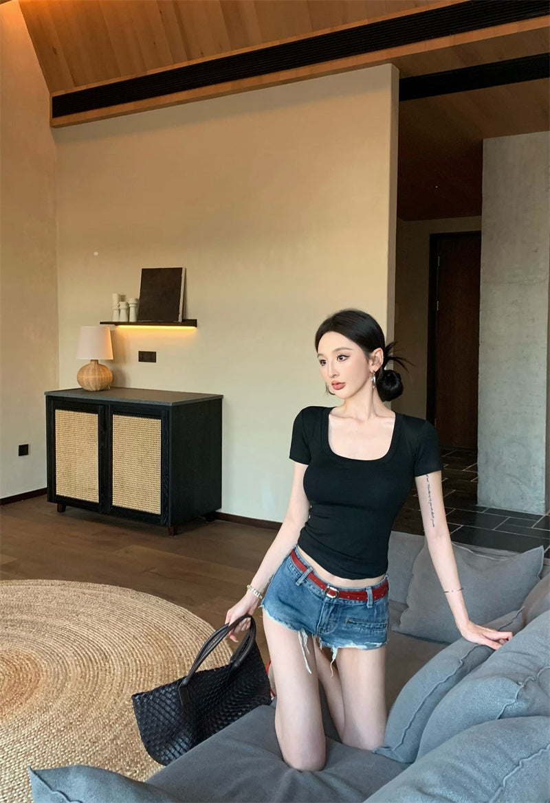 【F60335】實拍美式簡約修身顯瘦T恤(含胸墊)250408