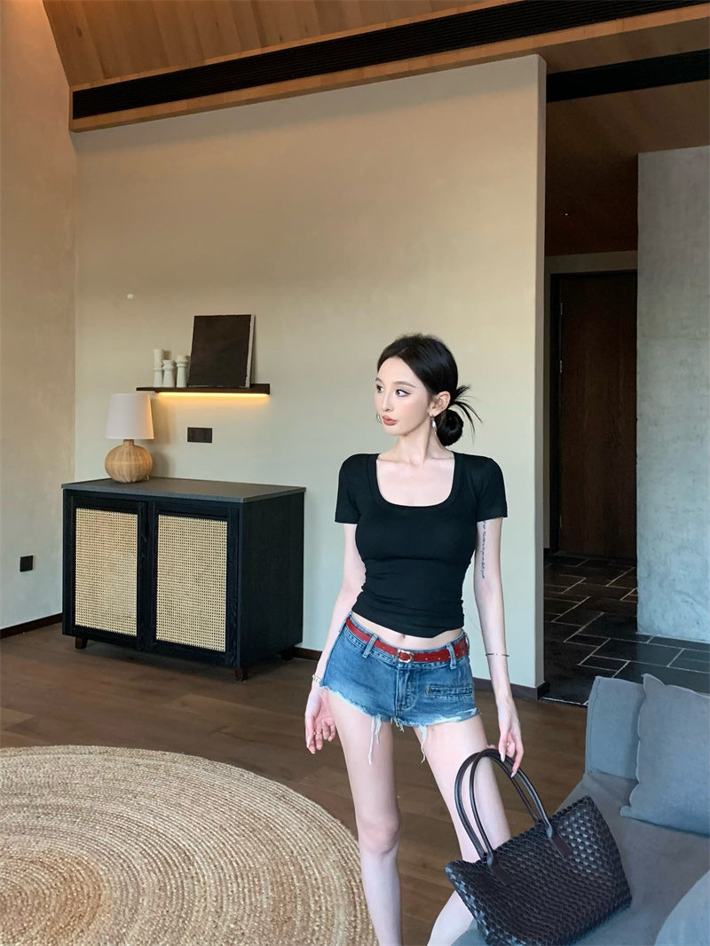 【F60335】實拍美式簡約修身顯瘦T恤(含胸墊)250408