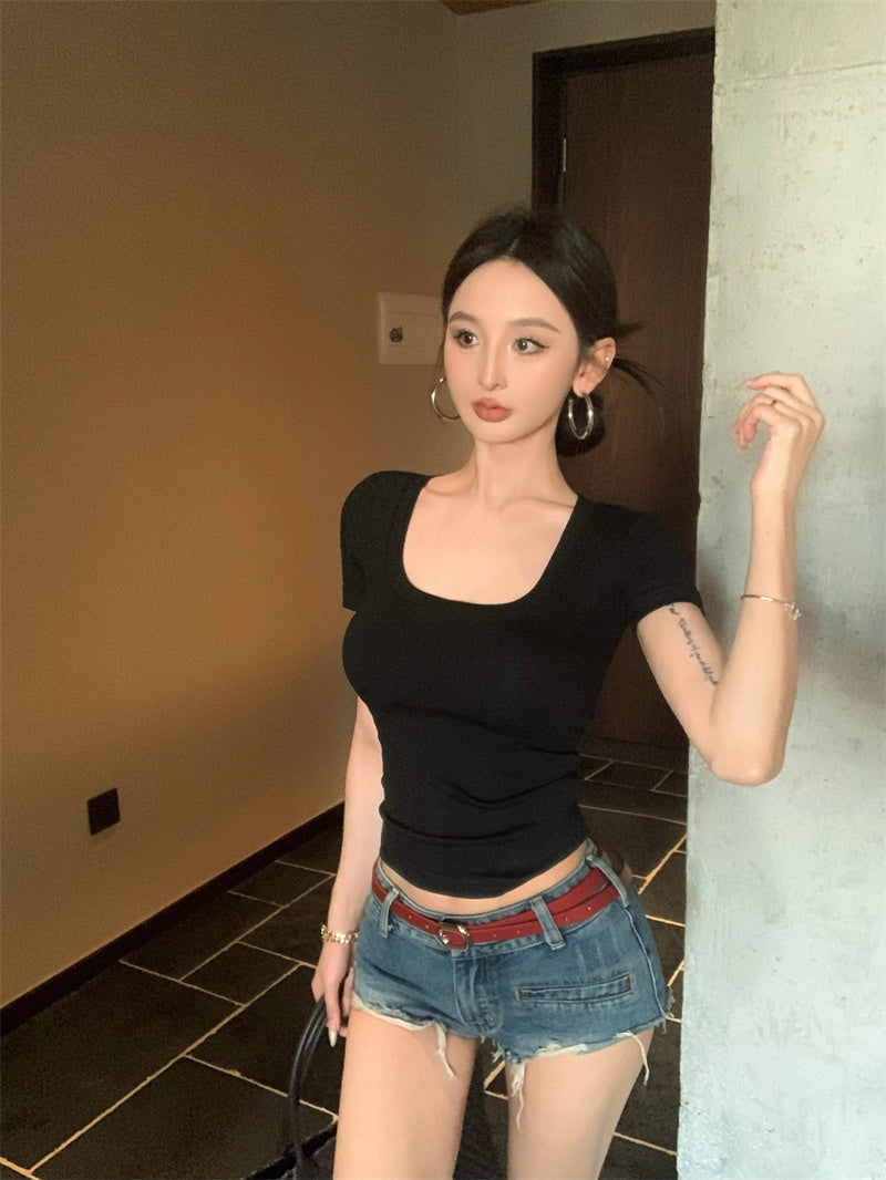 【F60335】實拍美式簡約修身顯瘦T恤(含胸墊)250408