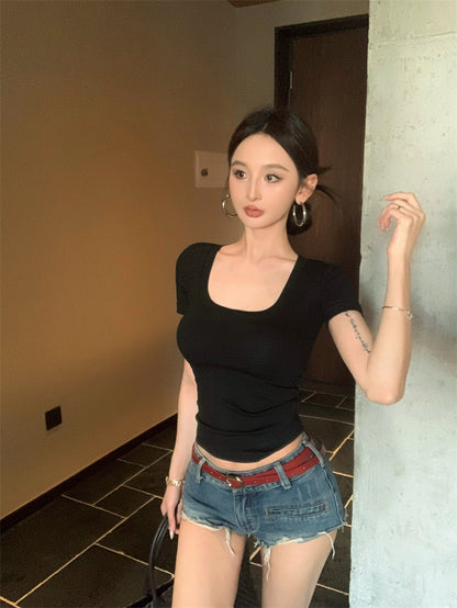 【F60335】實拍美式簡約修身顯瘦T恤(含胸墊)250408