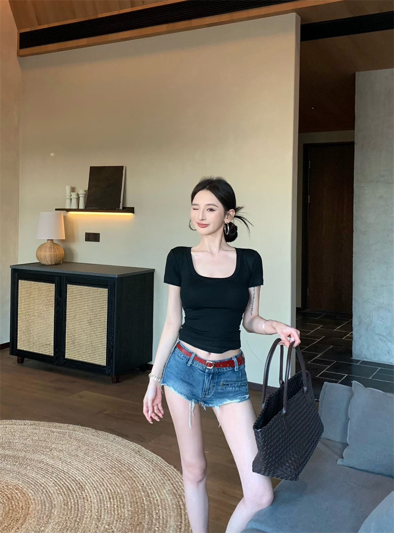 【F60335】實拍美式簡約修身顯瘦T恤(含胸墊)250408