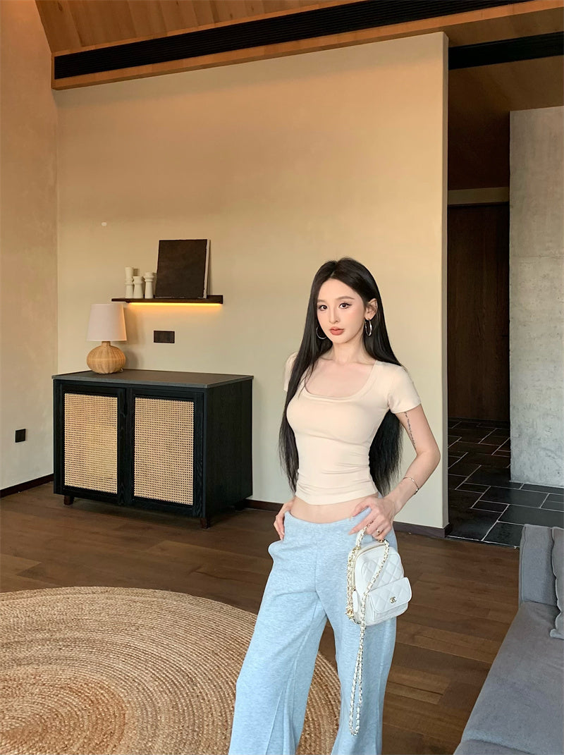 【F60335】實拍美式簡約修身顯瘦T恤(含胸墊)250408