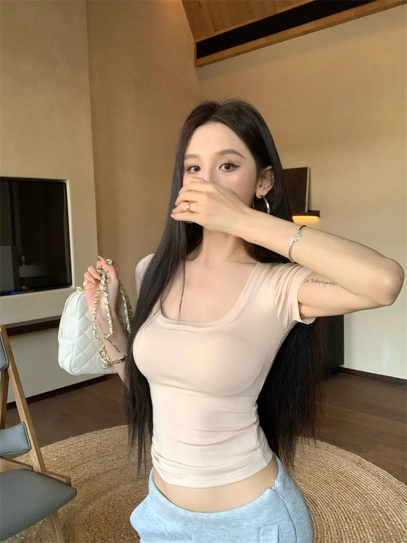 【F60335】實拍美式簡約修身顯瘦T恤(含胸墊)250408