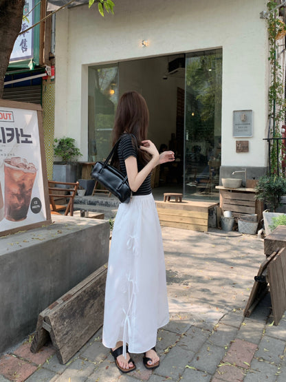 【F60345】實拍春夏甜美蝴蝶結繫帶高腰a字長裙250408