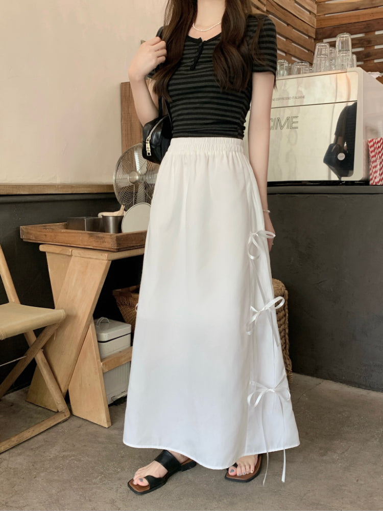 【F60345】實拍春夏甜美蝴蝶結繫帶高腰a字長裙250408