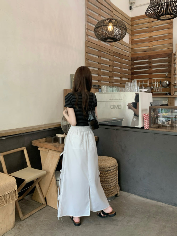【F60345】實拍春夏甜美蝴蝶結繫帶高腰a字長裙250408