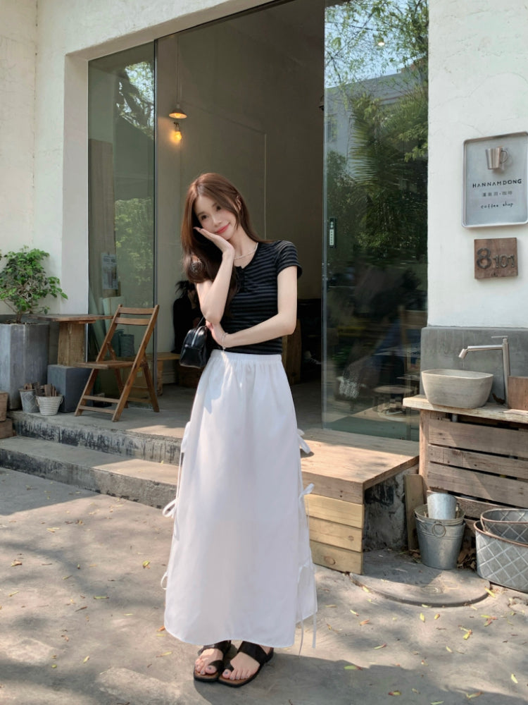 【F60345】實拍春夏甜美蝴蝶結繫帶高腰a字長裙250408