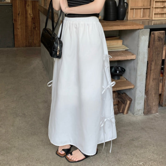 【F60345】實拍春夏甜美蝴蝶結繫帶高腰a字長裙250408