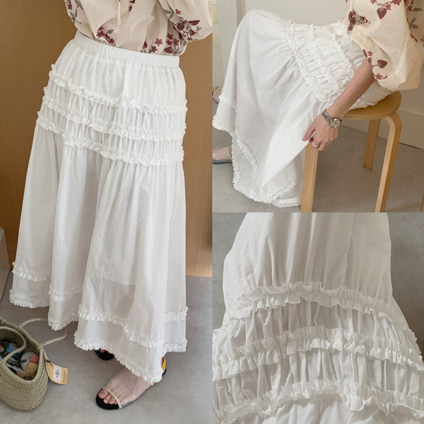 【F60659】法式溫柔・花邊拼接高腰大裙襬A字裙260825