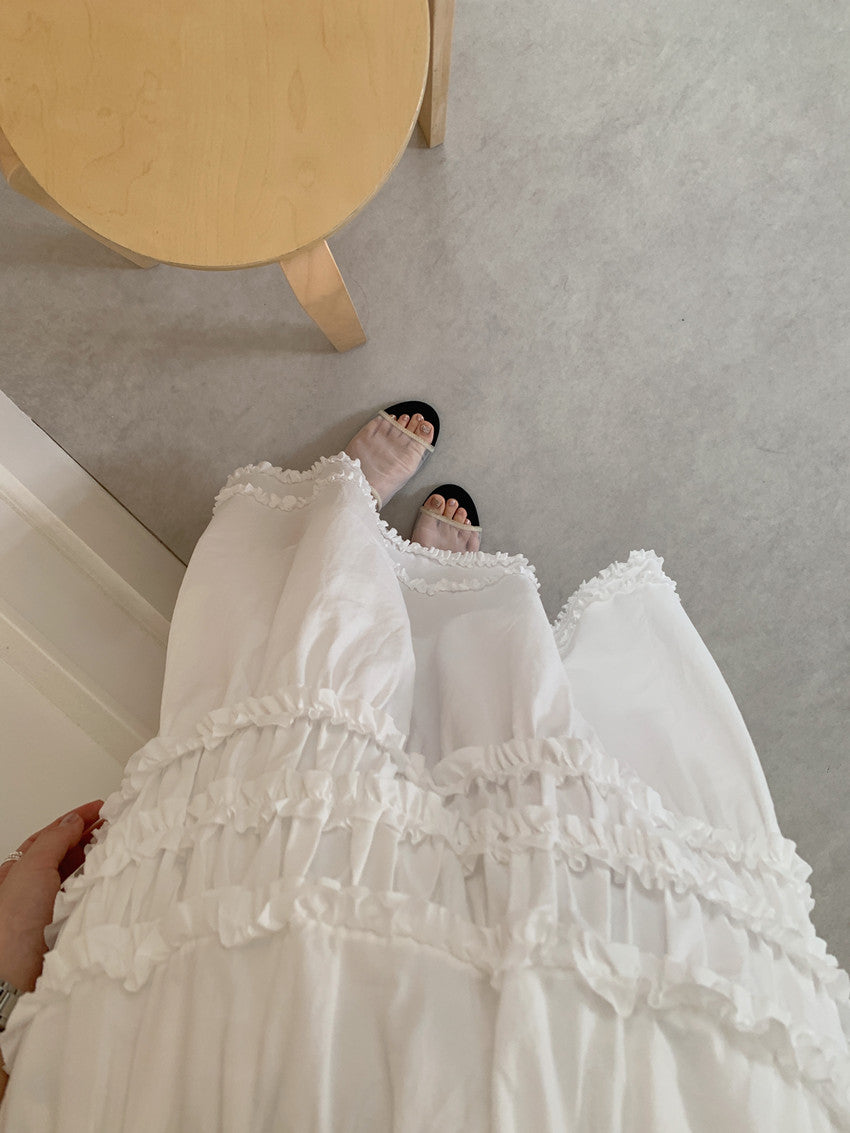 【F60659】法式溫柔・花邊拼接高腰大裙襬A字裙260825