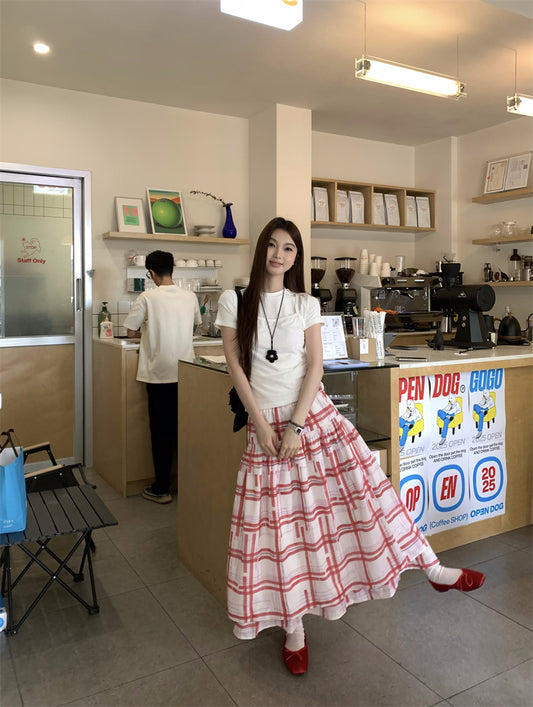 【F60403】實拍韓國原單蝴蝶結網紗假兩件T恤＋印花格子大A裙250526