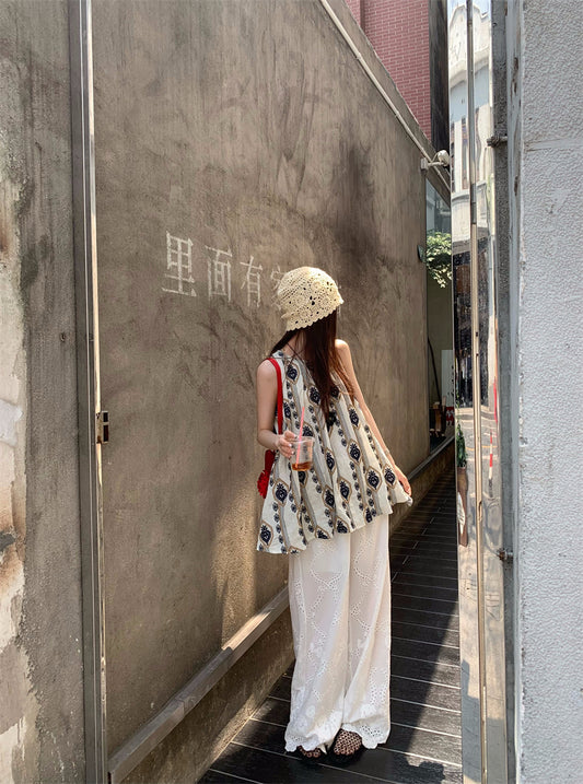 【F60404】實拍韓國原單復古刺繡長上衣+全蕾絲闊腿褲(分開下單）250526