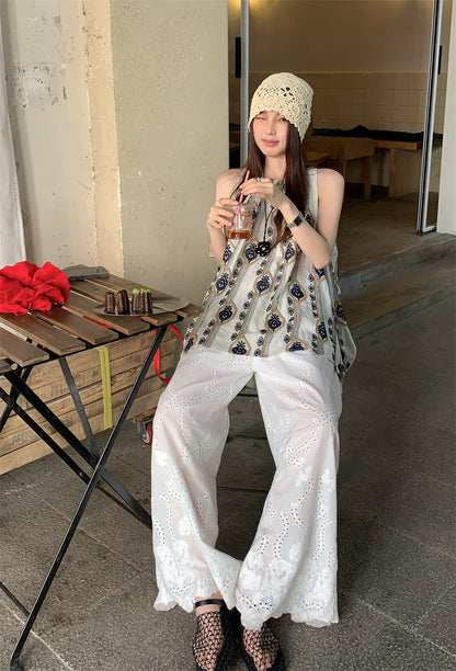 【F60404】實拍韓國原單復古刺繡長上衣+全蕾絲闊腿褲(分開下單）250526
