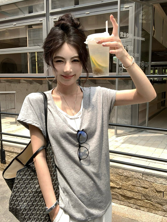 【F60436】實拍夏季假兩件寬鬆慵懶短袖T恤250609