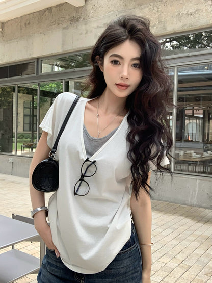 【F60436】實拍夏季假兩件寬鬆慵懶短袖T恤250609