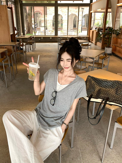 【F60436】實拍夏季假兩件寬鬆慵懶短袖T恤250609