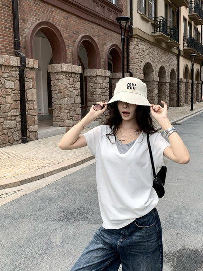 【F60436】實拍夏季假兩件寬鬆慵懶短袖T恤250609