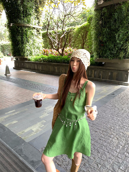 【F60395】實拍復古京綠亞麻天絲洋裝250526