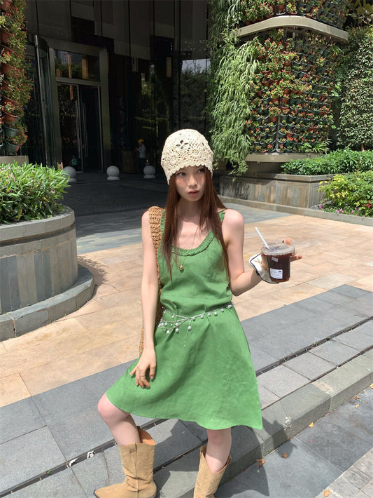 【F60395】實拍復古京綠亞麻天絲洋裝250526