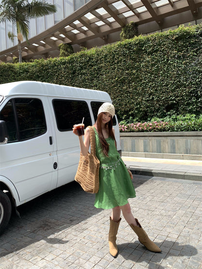 【F60395】實拍復古京綠亞麻天絲洋裝250526
